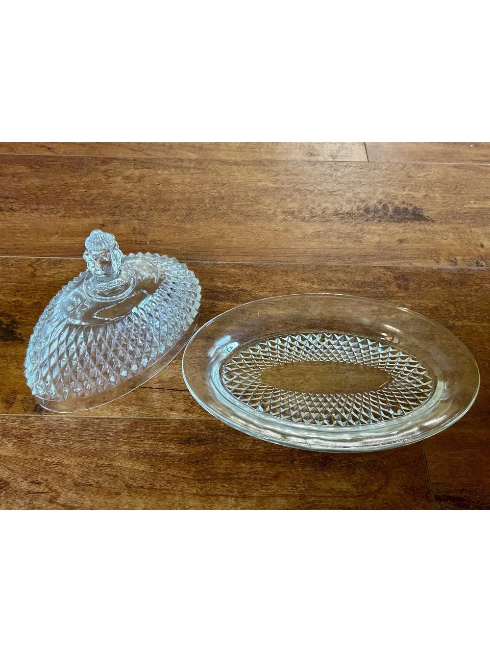 Vintage Clear Glass Covered Butter Dish with Diamond Pattern